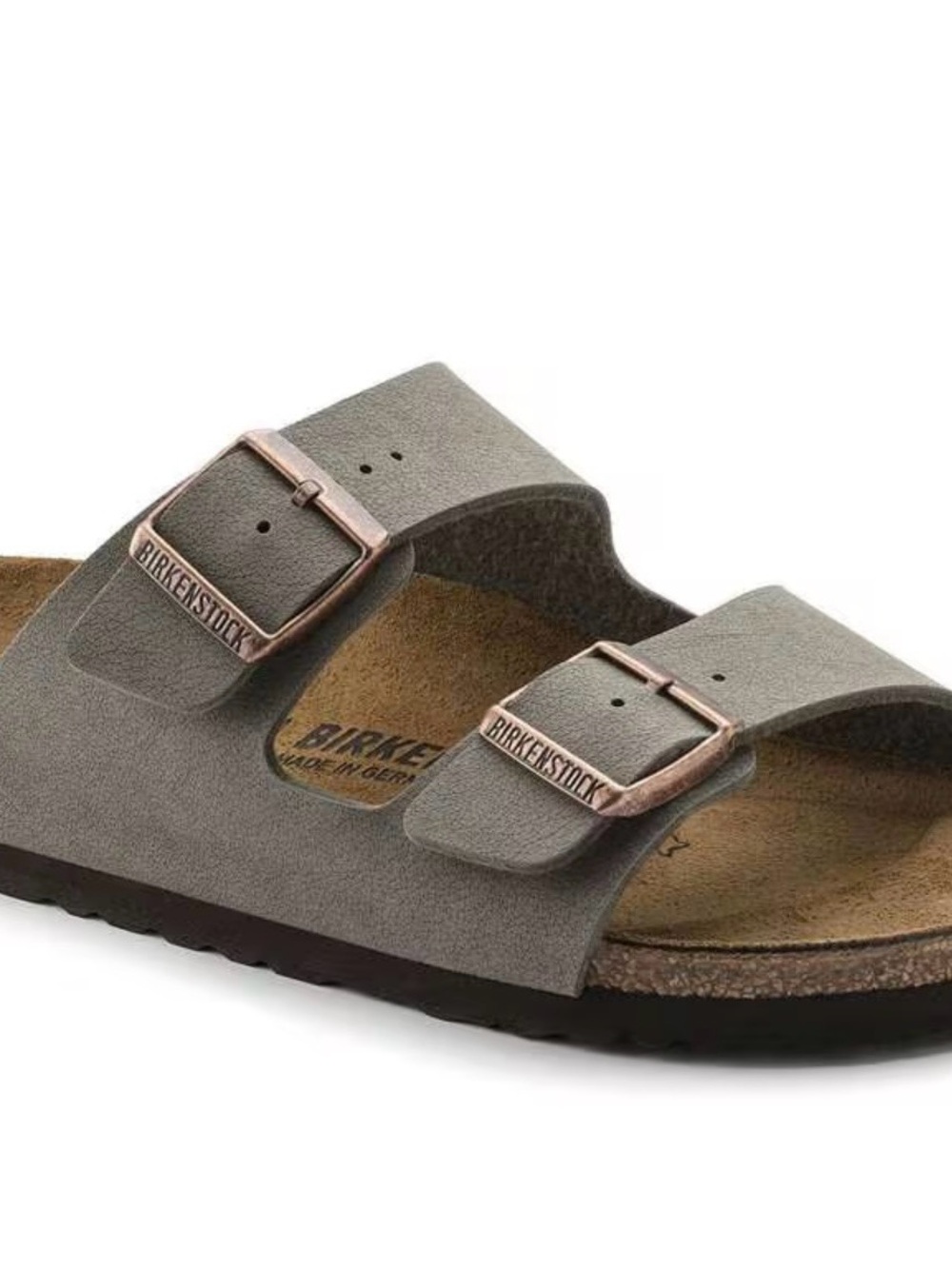 Birkenstock Men's Two-Strap Sandal in Gray with Rose-Gold Buckles